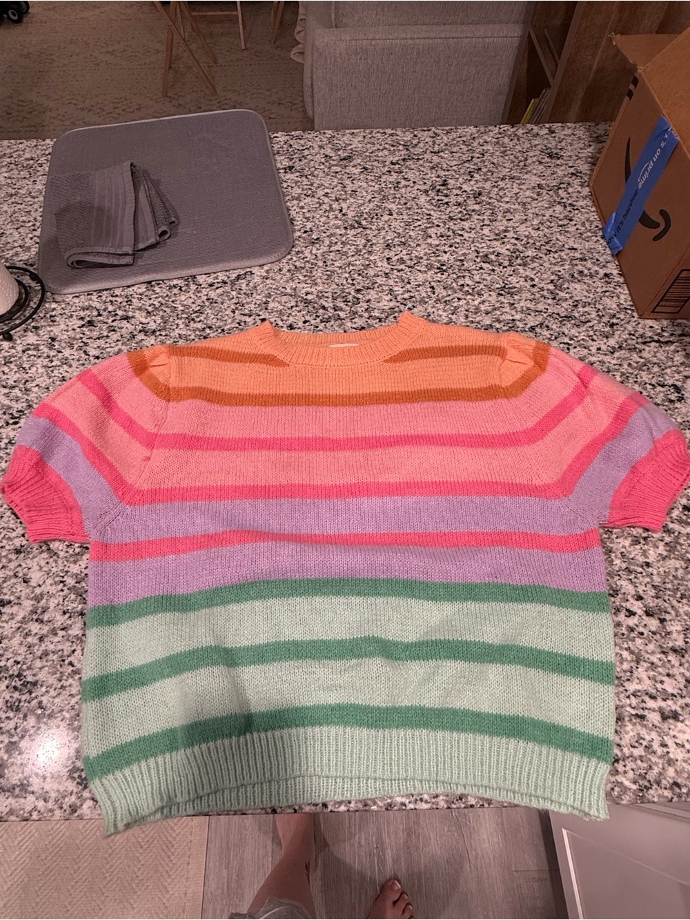 BiBi Short-Sleeve Crewneck Sweater in Pastel Rainbow Stripes